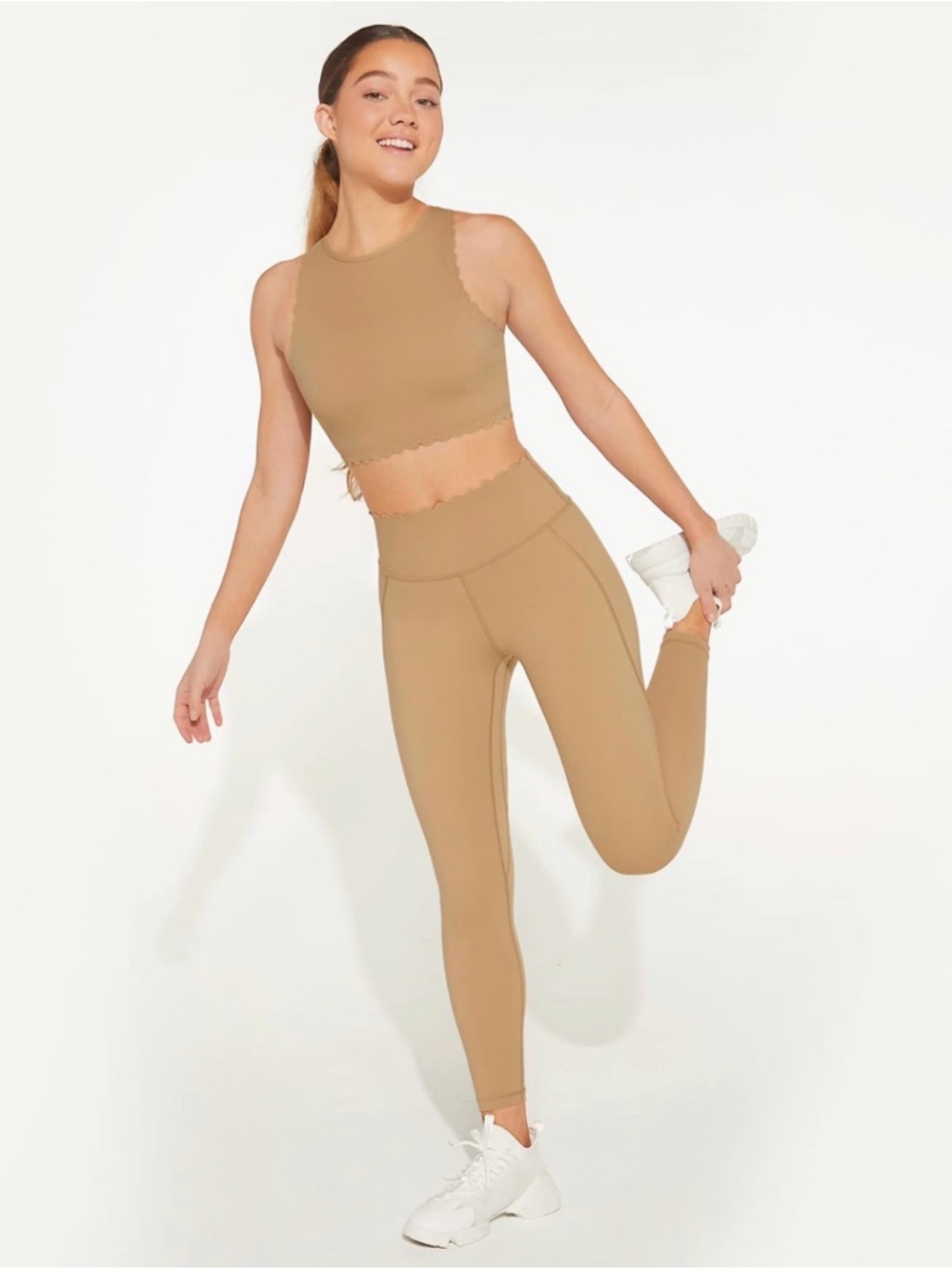 SHEIN Glowmode Tan Scalloped Edged Medium High-Waist Leggings & Small Crop Tank